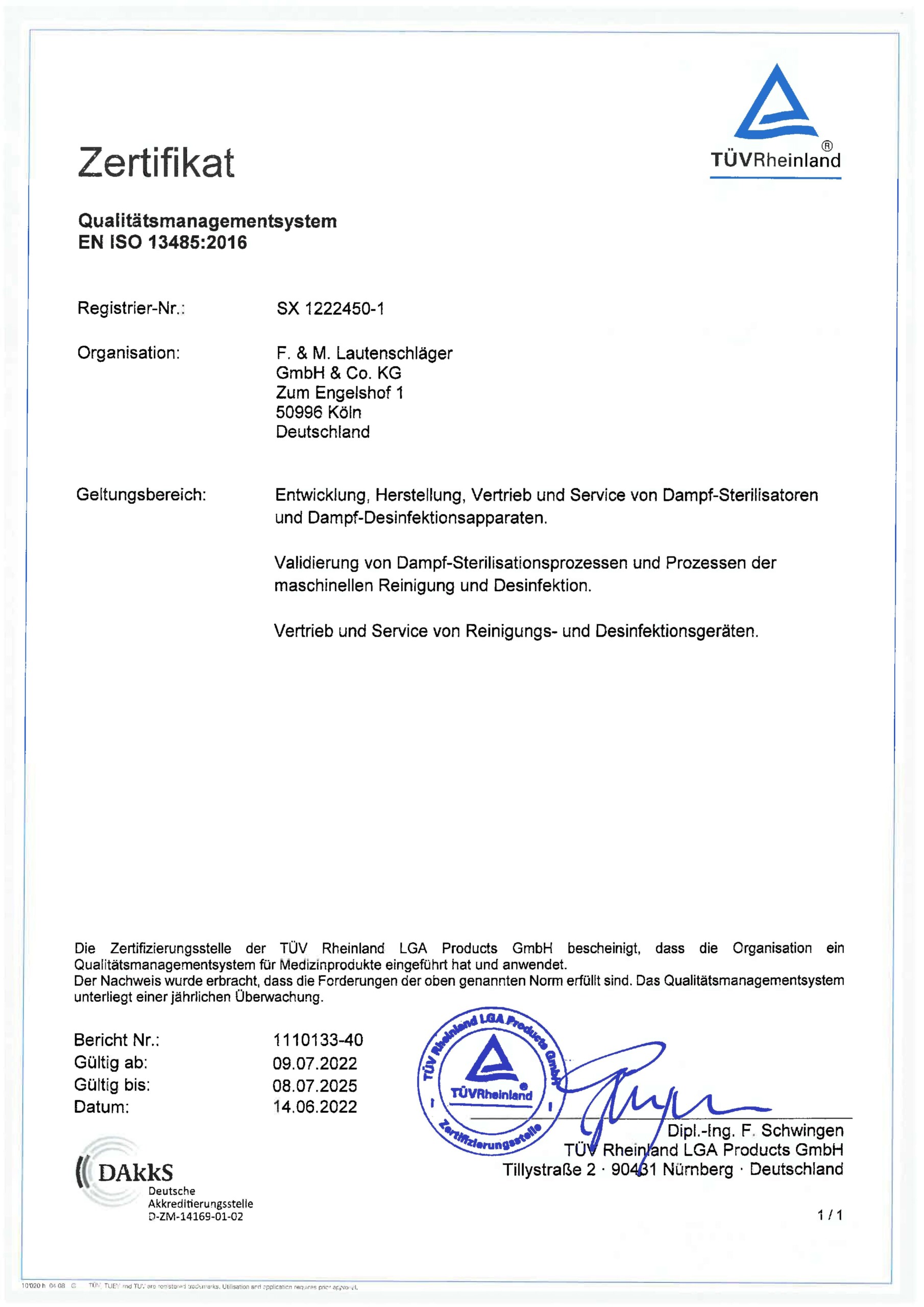 Zertifizierung nach EN ISO 13485:2016