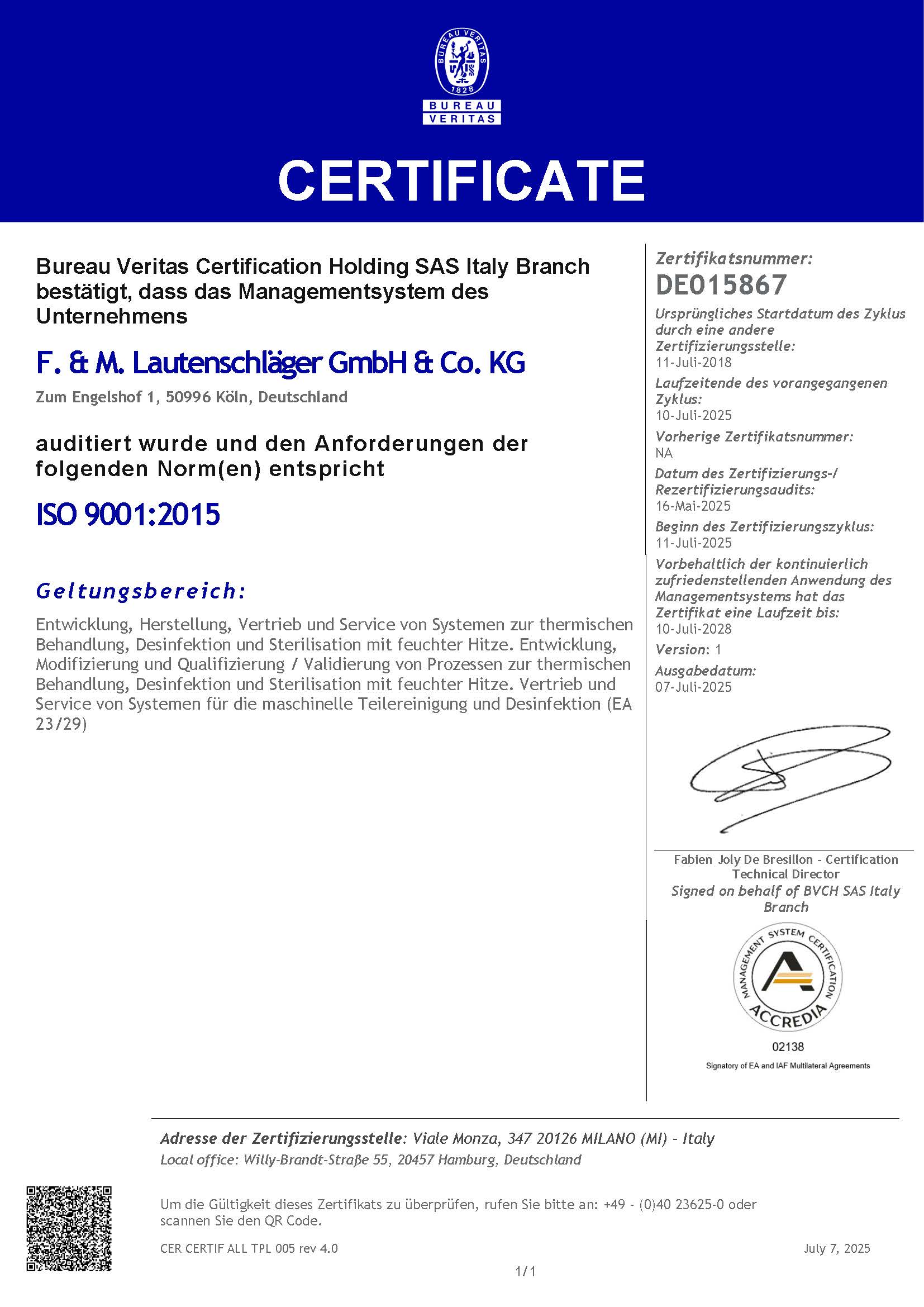 Über uns Certificate DE015867 ISO 9k DE