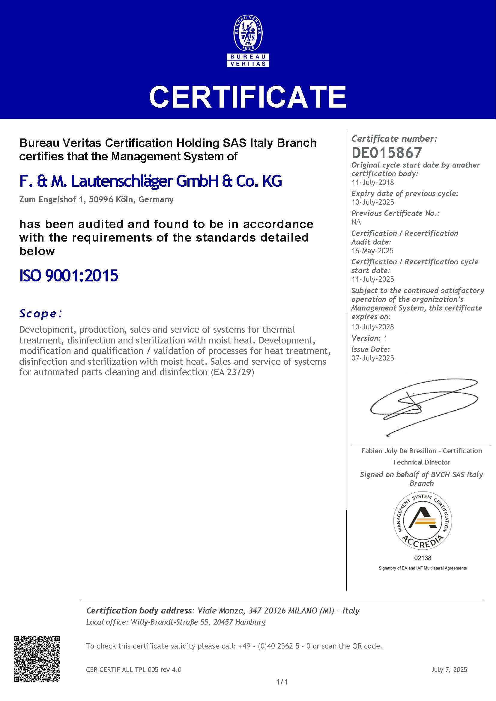 About us Certificate DE015867 ISO 9k EN